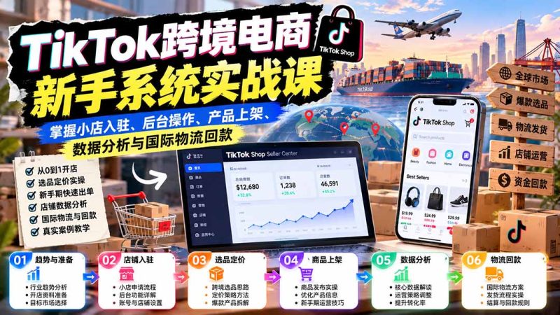 TikTok跨境电商新手系统实战课:掌握小店入驻、后台操作、产品上架、数据分析与国际物流回款-紫橙项目网