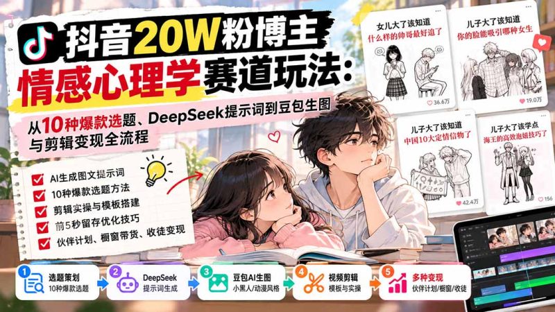 抖音20W粉博主-情感心理学赛道玩法:从10种爆款选题、DeepSeek提示词到豆包生图与剪辑变现全流程-紫橙项目网