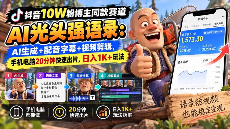 【无水印】抖音10W粉博主同款赛道AI光头强语录：AI生成+配音字幕+视频剪辑，手机电脑20分钟快速出片，日入1K+玩法 - 中创网