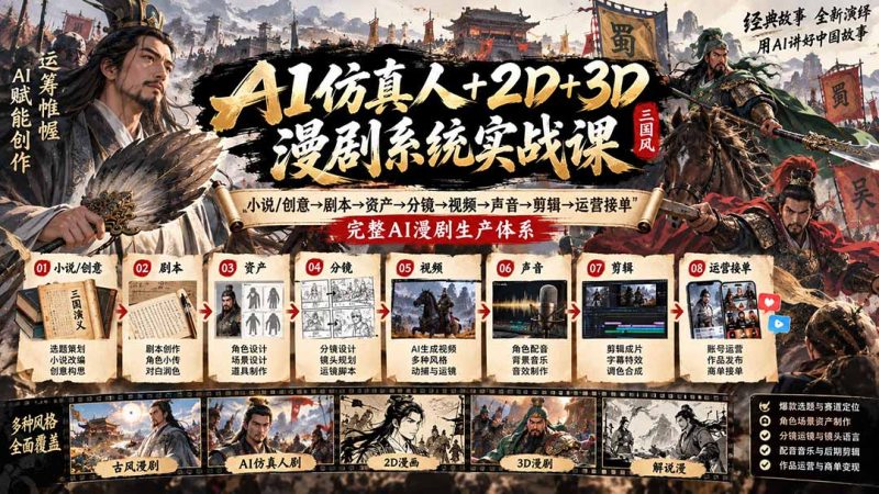 AI仿真人+2D+3D漫剧系统实战课：小说/创意→剧本→资产→分镜→视频→声音→剪辑→运营接单，完整AI漫剧生产体系-紫橙项目网