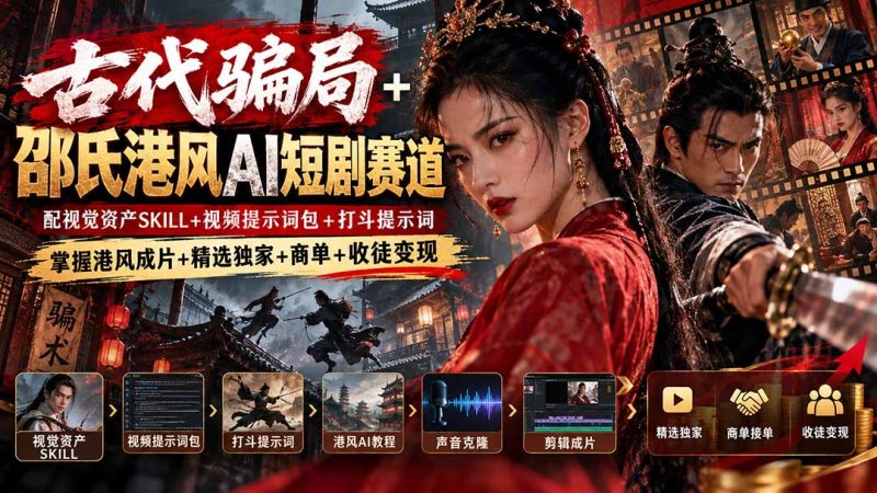 古代骗局+邵氏港风AI短剧赛道:配视觉资产SKILL+视频提示词包+打斗提示词,掌握港风成片+精选独家+商单+收徒变现-紫橙项目网