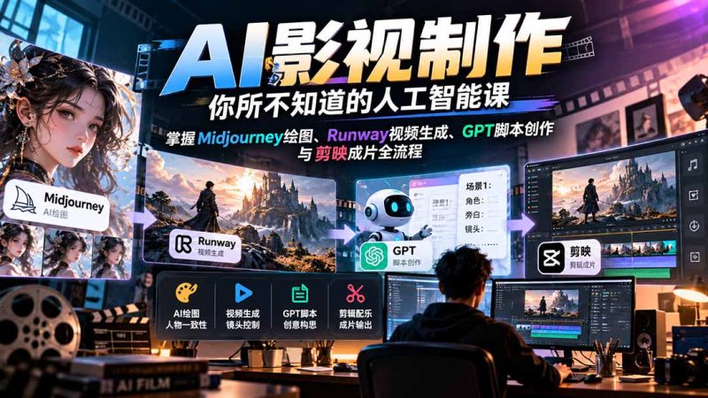 AI影视制作-你所不知道的人工智能课,掌握Midjourney绘图、Runway视频生成、GPT脚本创作与剪映成片全流程-紫橙项目网