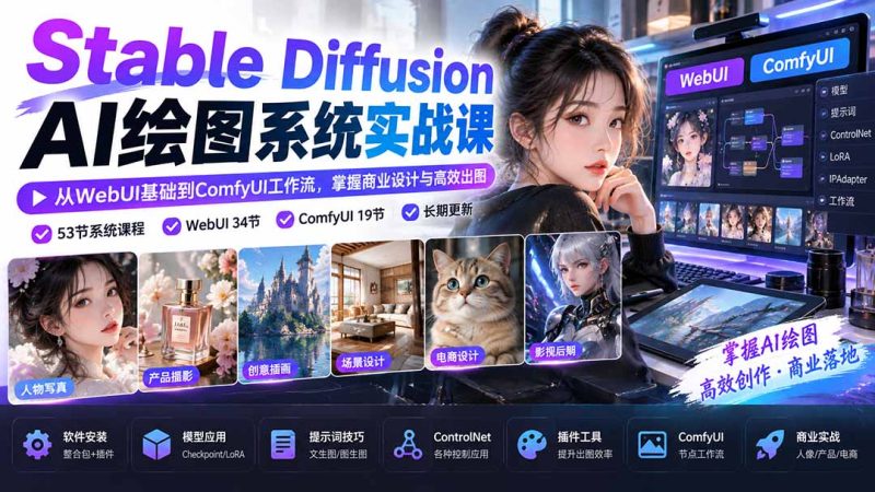 Stable Diffusion AI绘图系统实战课:从WebUI基础到ComfyUI工作流,掌握商业设计与高效出图-紫橙项目网