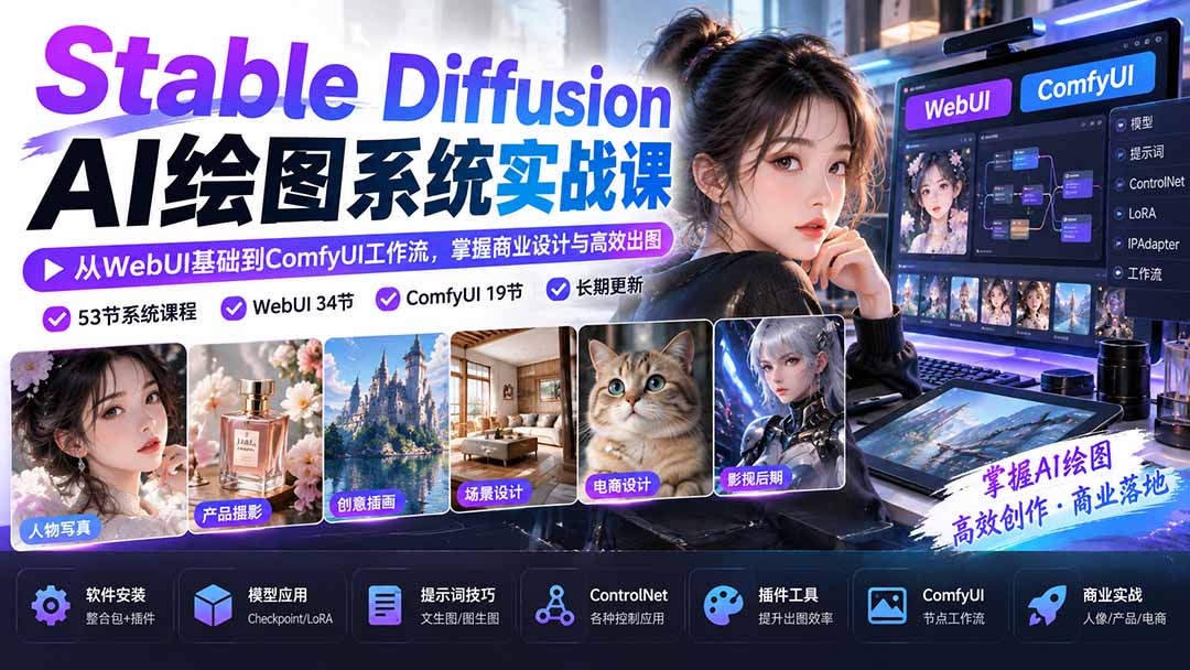Stable Diffusion AI绘图系统实战课：从WebUI基础到ComfyUI工作流，掌握商业设计与高效出图