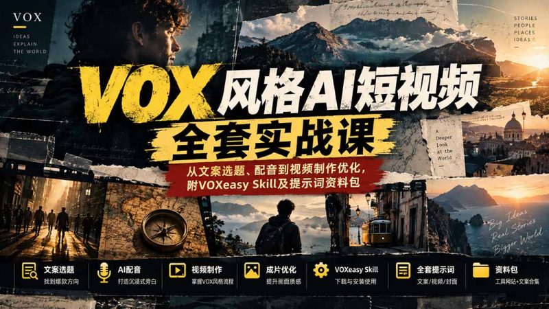 【无水印】VOX风格AI短视频全套实战课:从文案选题、配音到视频制作优化,附VOXeasy Skill及提示词资料包-紫橙项目网