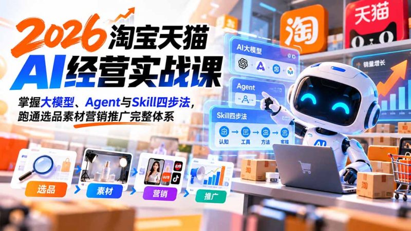【无水印】2026淘宝天猫AI经营实战课:掌握大模型、Agent与Skill四步法,跑通选品素材营销推广完整体系-紫橙项目网