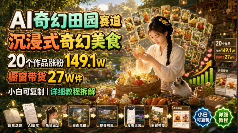 AI奇幻田园赛道，沉浸式奇幻美食，20个作品涨粉149.1W，橱窗带货27W件，小白可复制，详细教程拆解 - 冒泡网