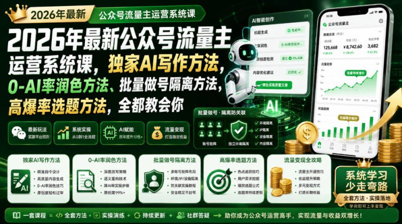 2026年最新公众号流量主运营系统课，独家AI写作方法，0-AI率润色方法、批量做号隔离方法、高爆率选题方法，全都教会你-紫橙项目网