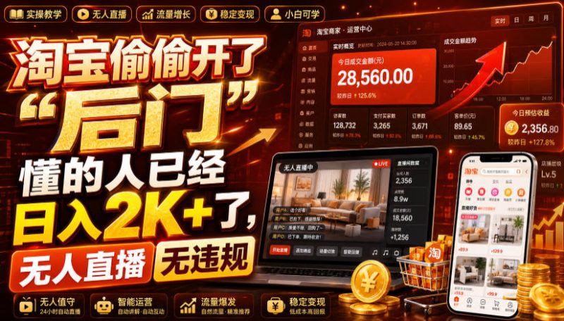 淘宝偷偷开了“后门”,懂的人已经日入2K+了,无人直播无违规,一台电脑=一家24小时营业的线上门店-紫橙项目网