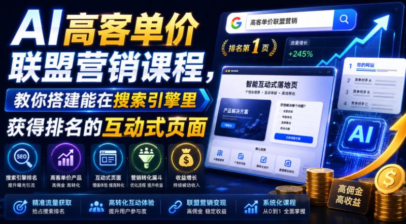AI高客单价联盟营销课程,教你搭建能在搜索引擎里获得排名的互动式页面,引来流量,把访客转化为高佣金的成交【原创双语字幕】 - 冒泡网