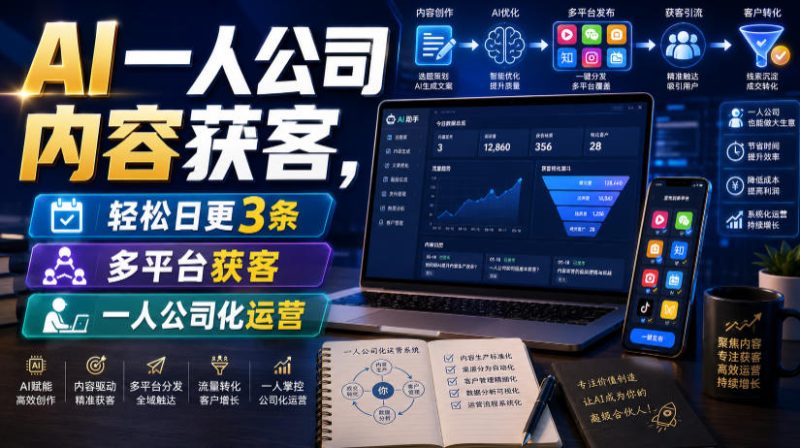 AI一人公司内容获客,轻松日更3条,多平台获客,一人公司化运营-紫橙项目网