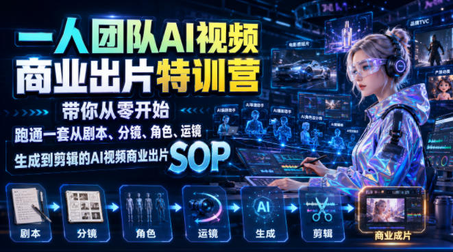 一人团队AI视频商业出片实战课:带你从零开始跑通一套从剧本、分镜、角色、运镜、生成到剪辑的AI视频商业出片SOP-紫橙项目网