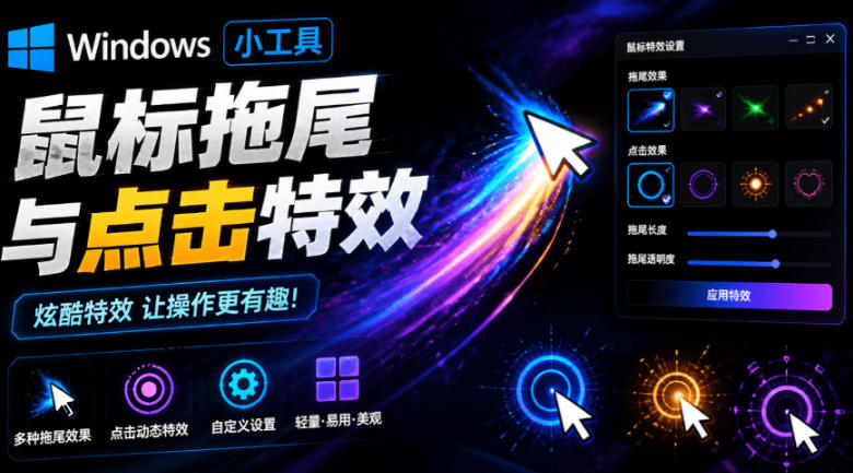 Windows特效小工具!一键给你的鼠标添加拖尾与点击动态特效,吾爱出品,免费使用Mouse Trail-紫橙项目网