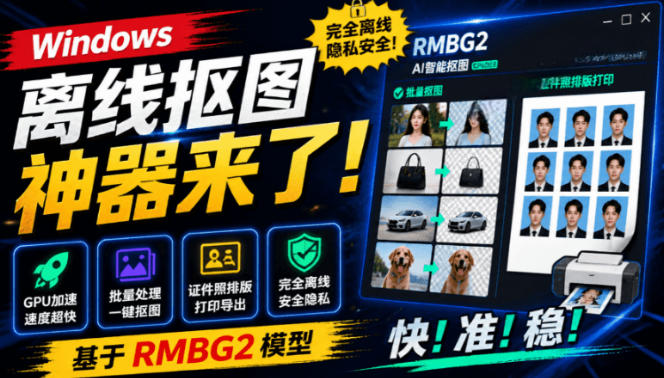 Windows离线抠图神器来了!支持批量抠图+证件照排版打印,基于RMBG2模型,GPU加速方块AI抠图-紫橙项目网