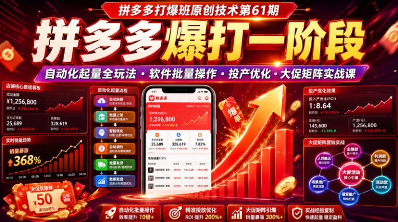 拼多多打爆班原创技术第61期,拼多多爆打一阶段,自动化起量全玩法・软件批量操作・投产优化・大促矩阵实战课-紫橙项目网