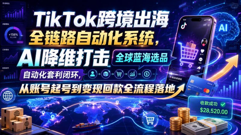 TikTok跨境出海全链路自动化系统,AI降维打击全球蓝海选品自动化套利闭环,从账号起号到变现回款全流程落地(2026年7月)-紫橙项目网