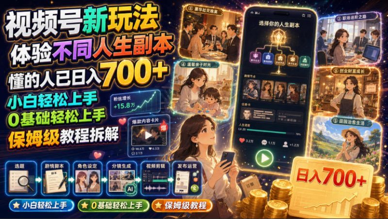 视频号新玩法体验不同人生副本，懂的人已日入700+，小白轻松上手，0基础轻松上手，保姆级教程拆解-紫橙项目网