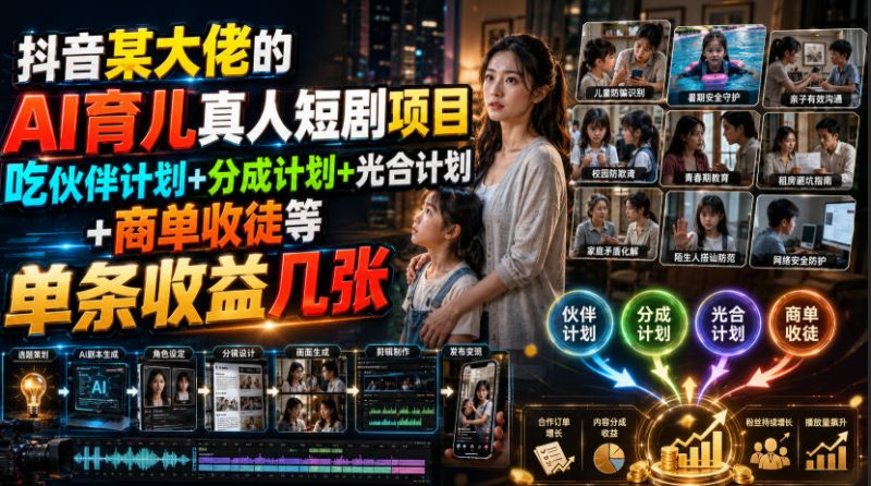 抖音某大佬的AI育儿真人短剧项目,吃伙伴计划+分成计划+光合计划+商单收徒等,单条收益几张-紫橙项目网