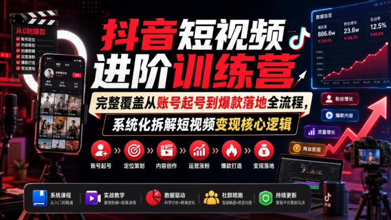抖音短视频进阶训练营,完整覆盖从账号起号到爆款落地全流程,系统化拆解短视频变现核心逻辑-紫橙项目网