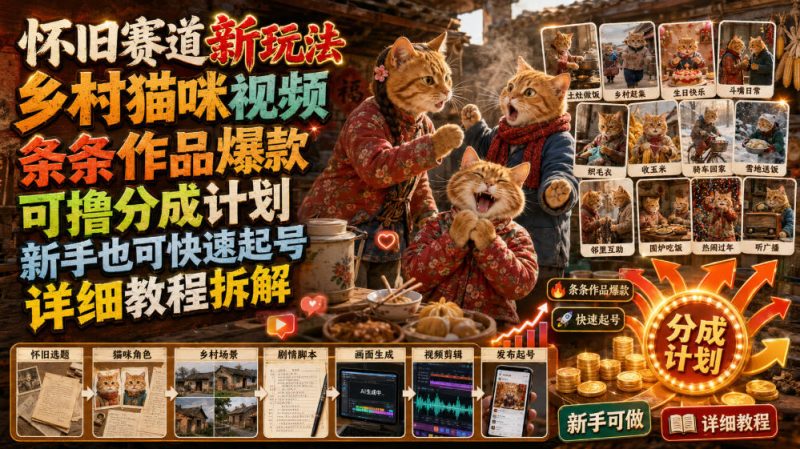 怀旧赛道新玩法,乡村猫咪视频,条条作品爆款,可撸分成计划,新手也可快速起号,详细教程拆解-紫橙项目网