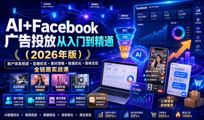 AI+Facebook广告投放从入门到精通(2026年版)|账户体系搭建・直播投流・素材策略・数据优化・聊单变现全链路实战课-紫橙项目网