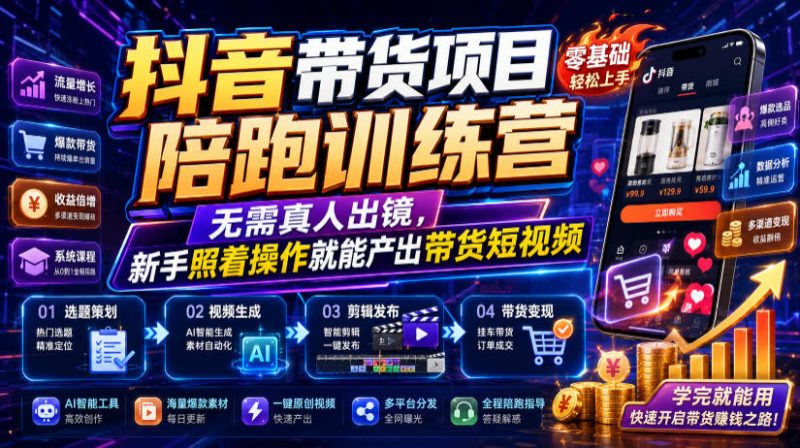 抖音带货项目陪跑训练营,无需真人出镜,新手照着操作就能产出带货短视频-紫橙项目网