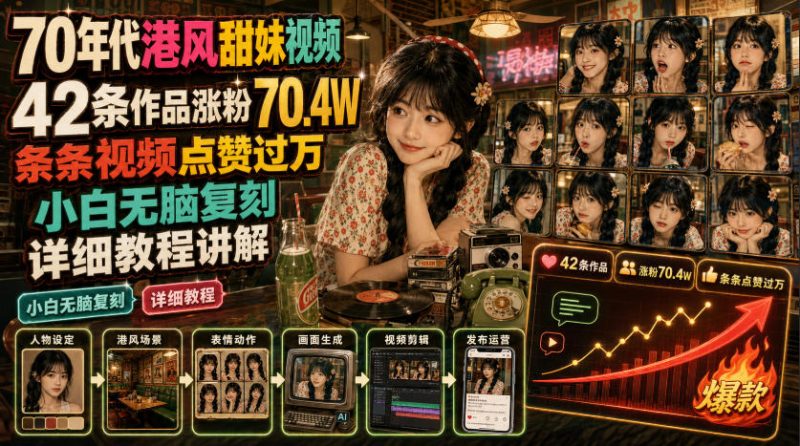 70年代港风甜妹视频,42条作品涨粉70.4W,条条视频点赞过万,小白无脑复刻,详细教程讲解-紫橙项目网