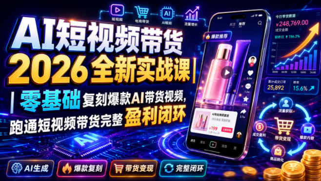 AI短视频带货2026全新实战课|零基础复刻爆款AI带货视频,跑通短视频带货完整盈利闭环-紫橙项目网