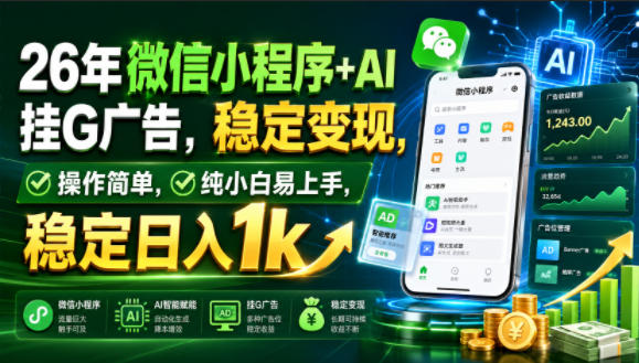 26年微信小程序+AI挂G广告,稳定变现,操作简单,纯小白易上手,稳定日入1k-紫橙项目网