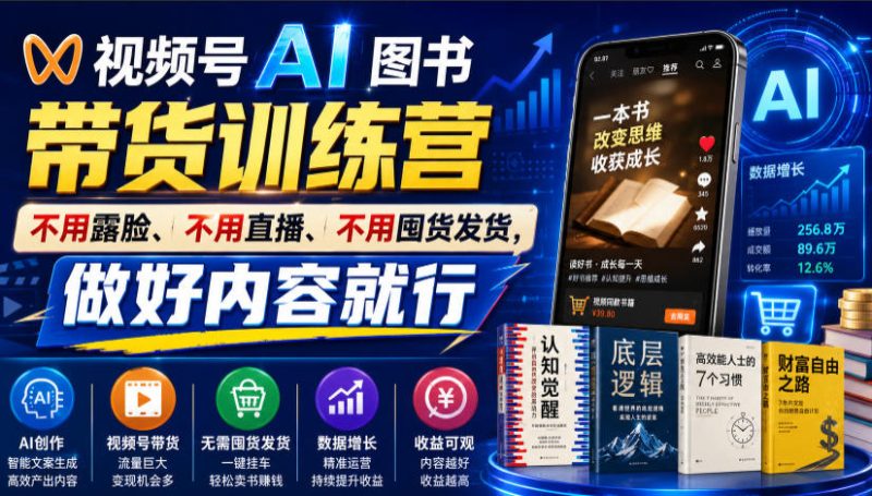 视频号AI图书带货训练营,不用露脸、不用直播、不用囤货发货,做好内容就行,一条爆款视频佣金8942-紫橙项目网
