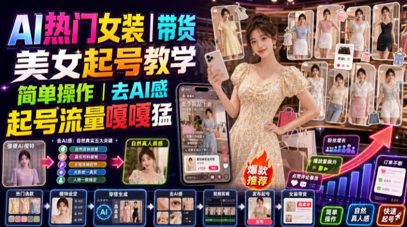 AI热门女装带货丨美女起号教学,简单操作,去AI感,起号流量嘎嘎猛-紫橙项目网