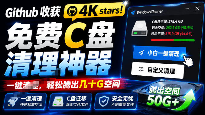 Github收获4K stars!免费C盘清理神器,轻松腾出几十G空间,支持C盘迁移Windows Cleaner-紫橙项目网