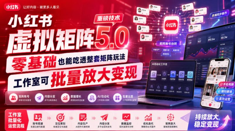 小红书虚拟矩阵5.0重磅技术,零基础也能吃透整套矩阵玩法,工作室可批量放大变现-紫橙项目网