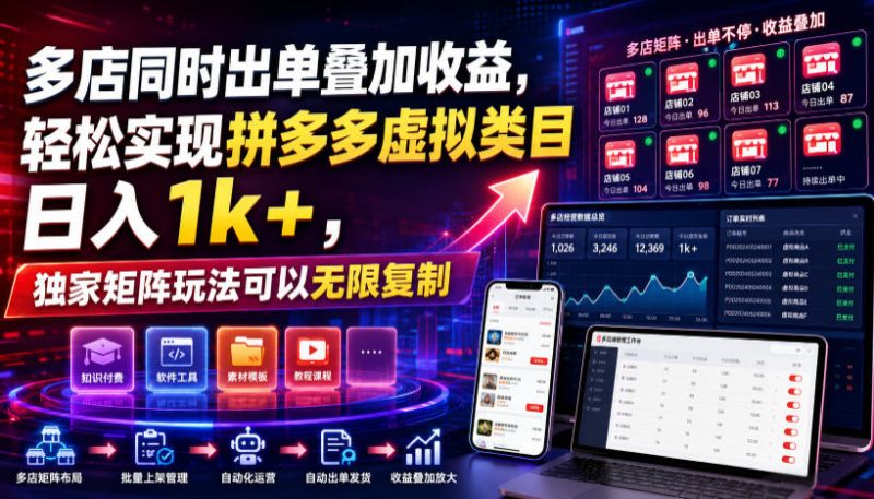 多店同时出单叠加收益,轻松实现拼多多虚拟类目日入1k+,独家矩阵玩法可以无限复制-紫橙项目网