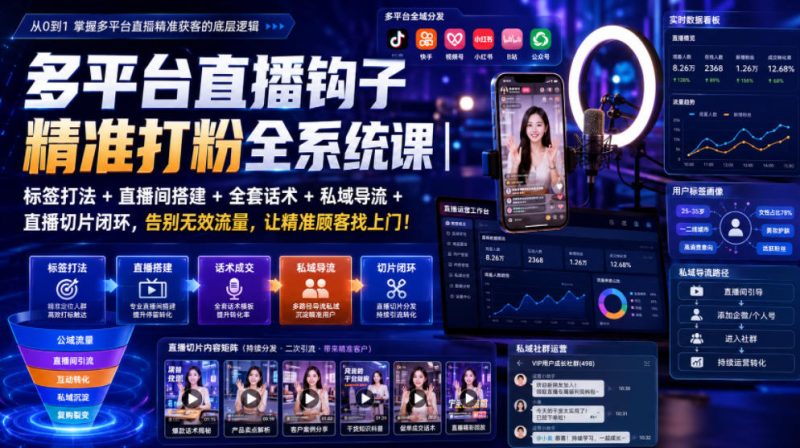 多平台直播钩子精准打粉全系统课|标签打法+直播间搭建+全套话术+私域导流+直播切片闭环,告别无效流量,让精准顾客找上门!-紫橙项目网