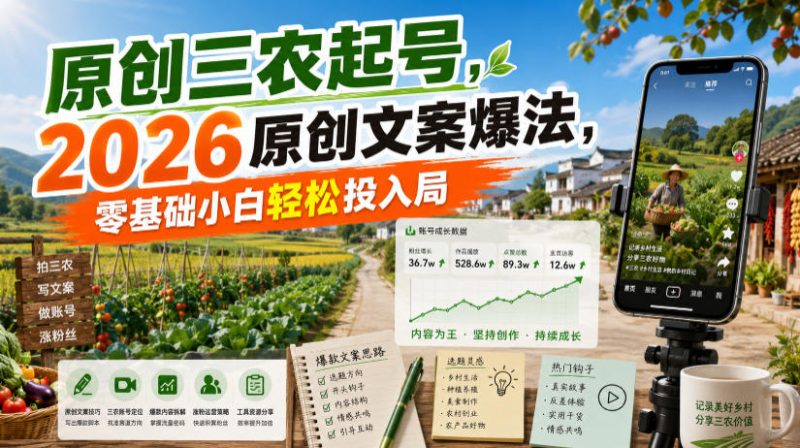 原创三农起号,2026原创文案爆法,零基础小白轻松投入局 - 冒泡网