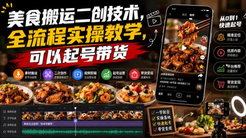 美食搬运二创技术,全流程实操教学,可以起号带货-紫橙项目网