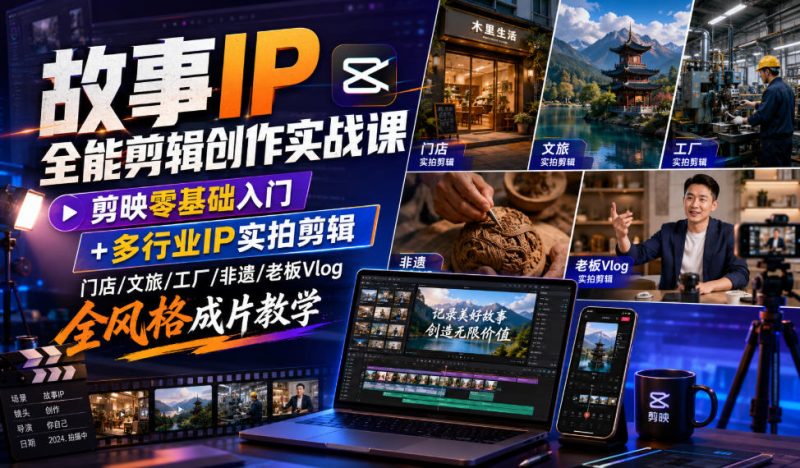 故事IP全能剪辑创作实战课|剪映零基础入门+多行业IP实拍剪辑,门店/文旅/工厂/非遗/老板Vlog全风格成片教学-紫橙项目网