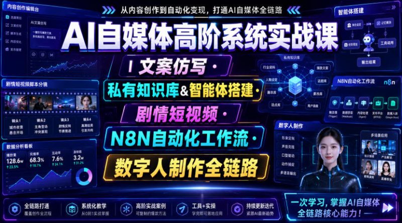 AI自媒体高阶系统实战课|文案仿写・私有知识库&智能体搭建・剧情短视频・N8N自动化工作流・数字人制作全链路-紫橙项目网