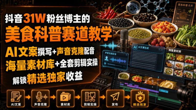 抖音31W粉丝博主的美食科普赛道教学,AI文案撰写+声音克隆配音+剪辑实操,解锁精选独家收益-紫橙项目网
