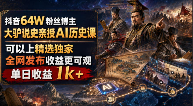 抖音64W粉丝博主大驴说史亲授AI历史课,可以上精选独家,全网发布收益更可观,单日收益1k+-紫橙项目网
