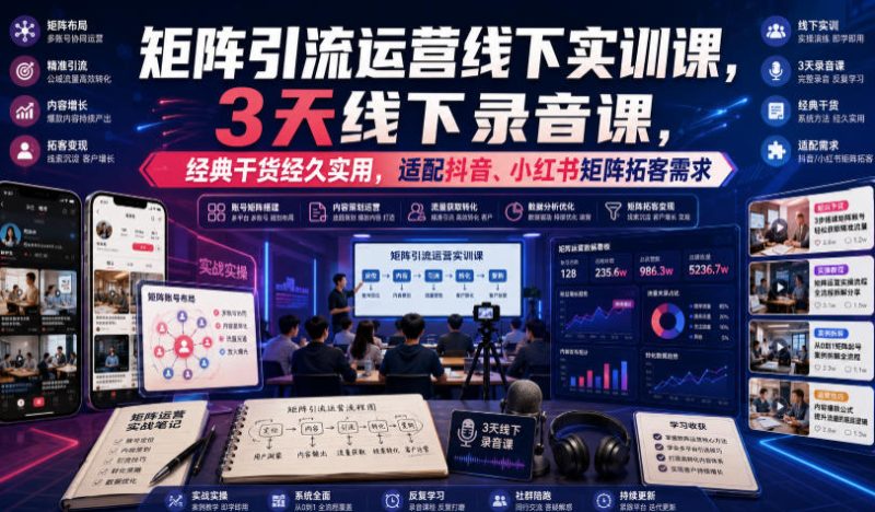 嗨推矩阵引流运营线下实训课,3天线下录音课,经典干货经久实用,适配抖音、小红书矩阵拓客需求-紫橙项目网