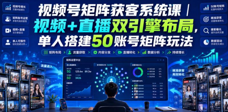 视频号矩阵获客系统课|视频+直播双引擎布局,单人搭建50账号矩阵玩法,流量入池、搜索占位、全域引流沉淀私域全流程教学-紫橙项目网