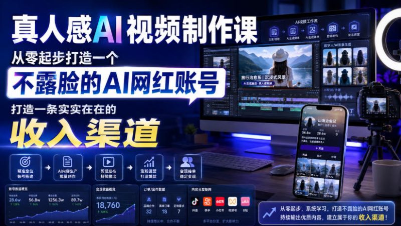 真人感AI视频制作课,从零起步打造一个不露脸的AI网红账号,打造一条实实在在的收入渠道【原创双语字幕】-紫橙项目网