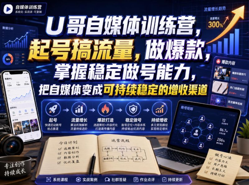 U哥自媒体训练营,起号搞流量,做爆款,掌握稳定做号能力,把自媒体变成可持续稳定的增收渠道-紫橙项目网