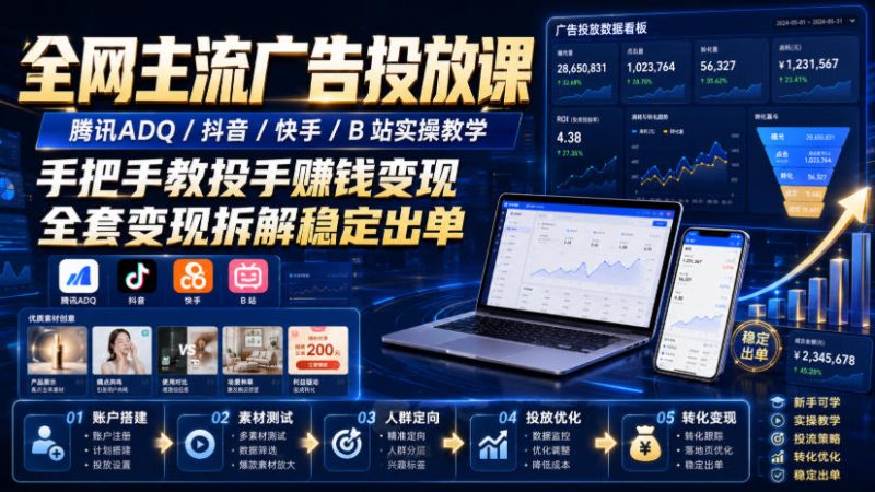 全网主流广告投放课,腾讯ADQ / 抖音 / 快手 / B 站实操教学,手把手教投手赚钱变现,全套变现拆解稳定出单-紫橙项目网