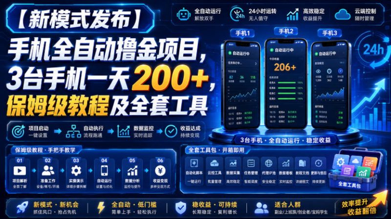 【新模式发布】手机全自动撸金项目,3台手机一天200+,保姆级教程及全套工具-紫橙项目网