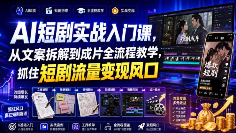 AI短剧实战入门课,从文案拆解到成片全流程教学,抓住短剧流量变现风口-紫橙项目网
