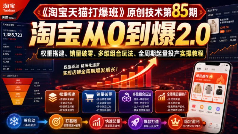 《淘宝天猫打爆班》原创技术第85期，淘宝从0到爆2.0，权重搭建、销量破零、多维组合玩法、全周期起量投产实操教程-紫橙项目网