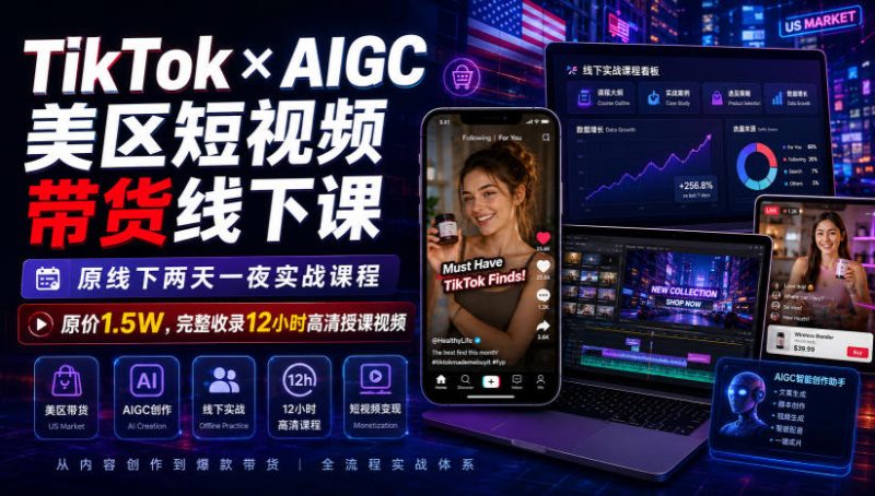 TikTok×AIGC美区短视频带货线下课,原线下两天一夜实战课程,原价1.5W,完整收录12小时高清授课视频-紫橙项目网